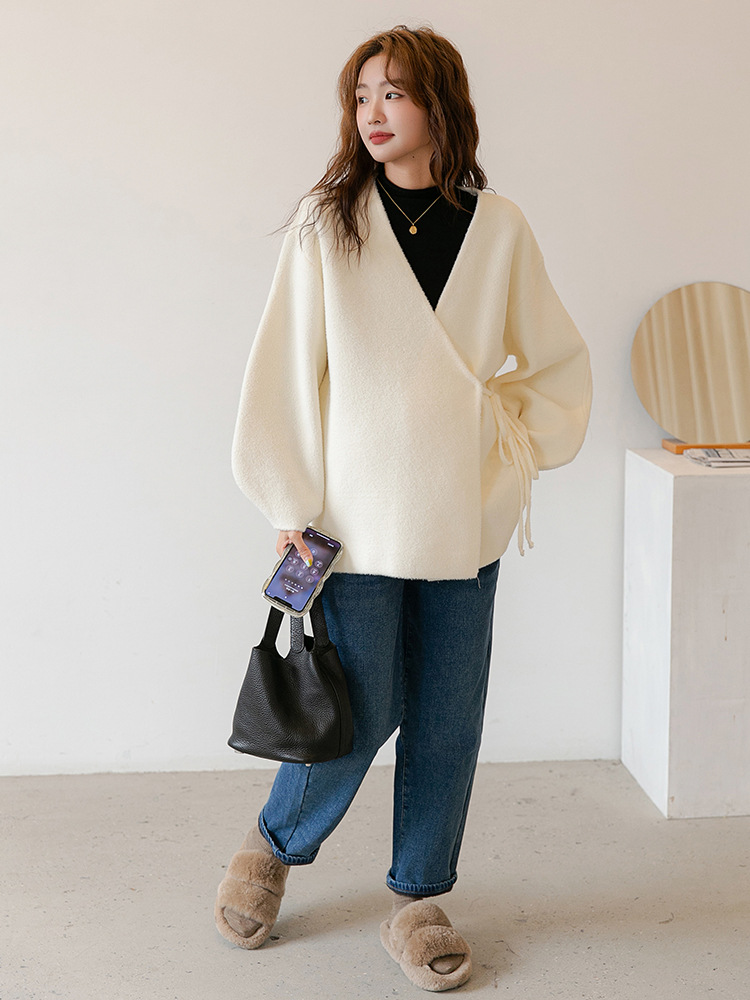 Autumn and Winter Pregnant Women's Sweater Coat Fashion Korean-style Pregnant Women's Wear Side Lace-up V-Neck Pregnant Women's Base Coat Trendy Mommy