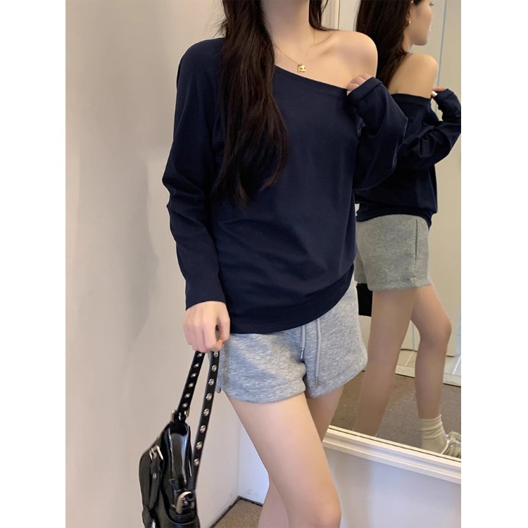 One-Shoulder Long-Sleeve T-Shirt for Women 2025 New Autumn Sexy Off-Shoulder Loose Pure Desire Style Slanted Shoulder Student Top for Women