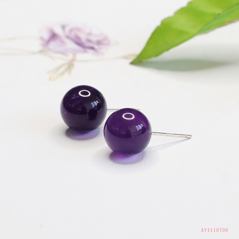 Aiyu S925 Silver Set with Natural Amethyst Round Beads Earrings Earrings Jewelry Live Wholesale AY4110706