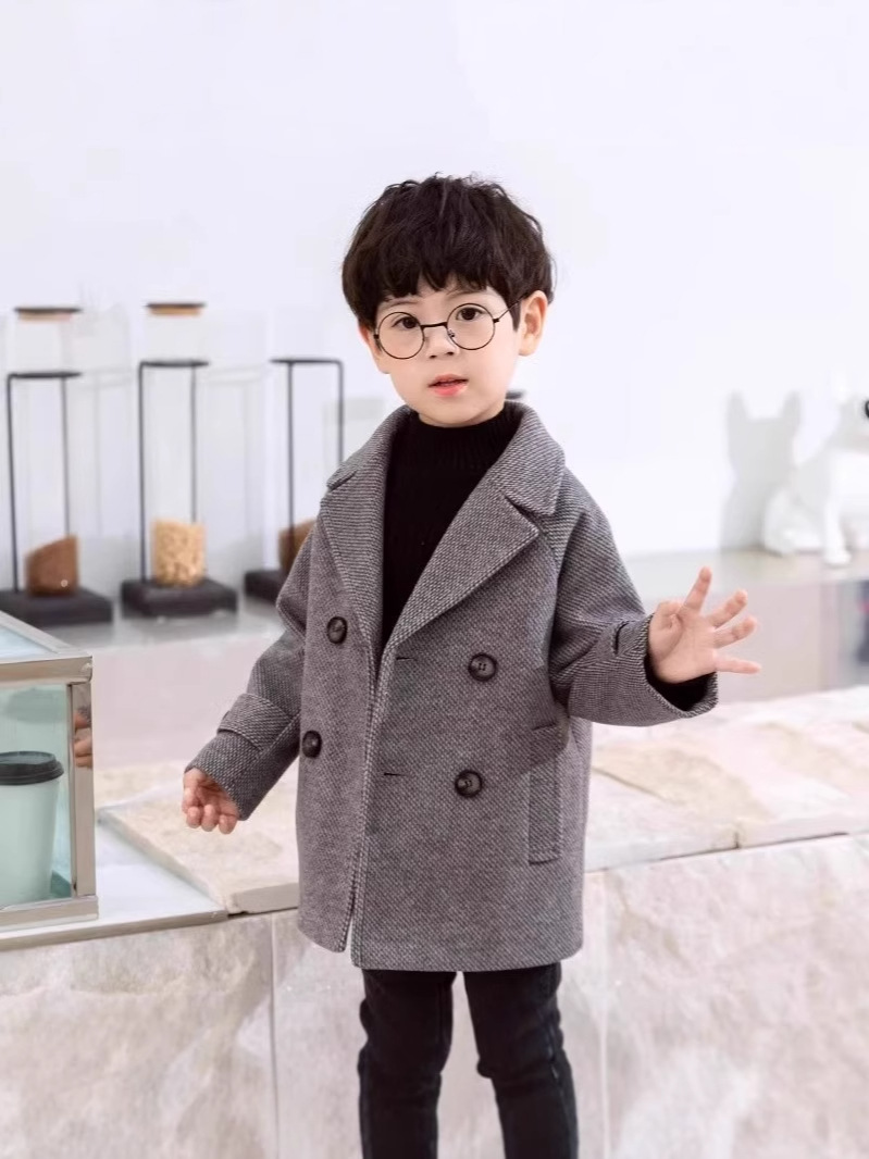 Boys Woolen Coat Woolen Coat 2024 Autumn and Winter New Children's Wear Children's Baby Stylist Thickened Small Suit Trendy
