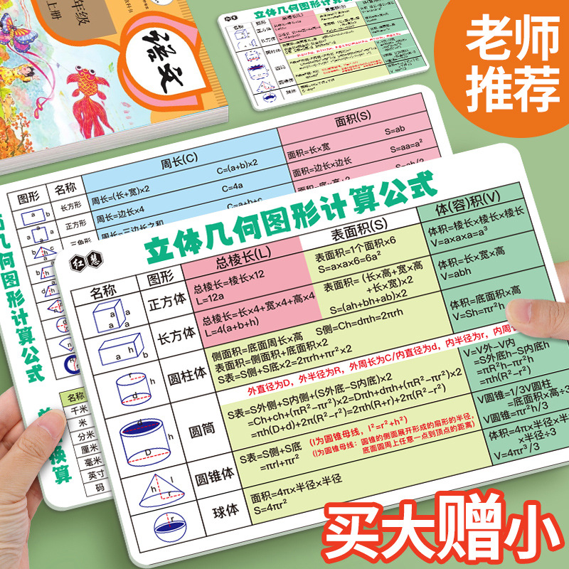 Primary school mathematics formula book and unit conversion graphics knowledge shorthand card formula table memory hand card