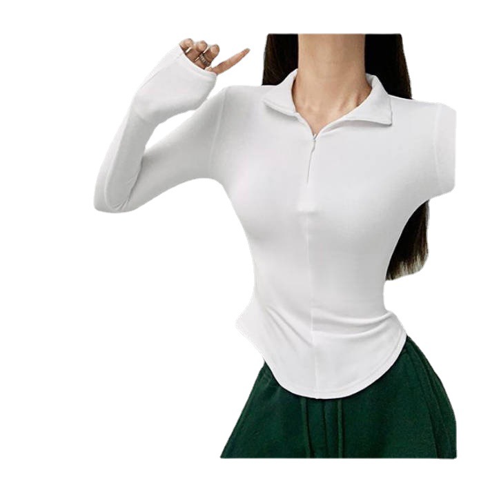 2024 European and American Style Slim-fit Top Sexy Lapel Long-sleeved T-shirt Women's Spice Girls Pinch Waist Inner Base Shirt for Autumn and Winter