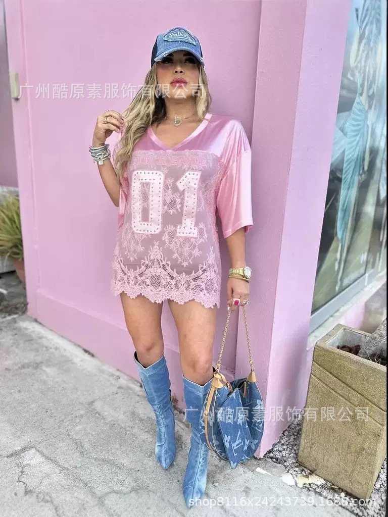 2025 New Cross-border European and American Printing Loose Casual Street Perspective Sexy Lace Stitching T-shirt Short Sleeve Top