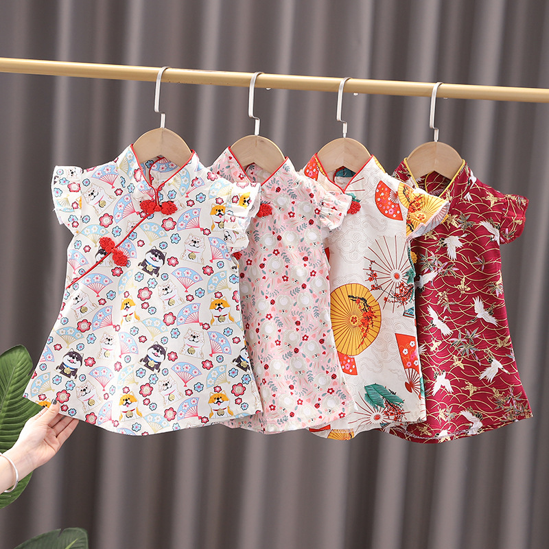 Girls Cheongsam National Style Hanfu Summer 2024 New Children's Full Moon Clothes Festival Baby Short-sleeved Dress