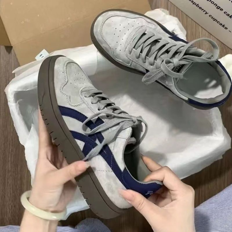 Maillard niche gray blue training shoes women's 2024 autumn new thick bottom leather retro sports casual shoes tide