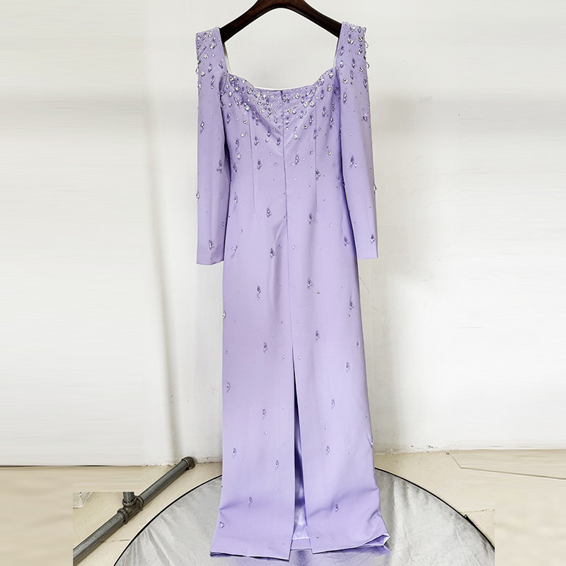 In-Stock European and American Celebrity Fashion Long Dress 2025 New Square Neck Heavy Beaded Rhinestone Long Dress