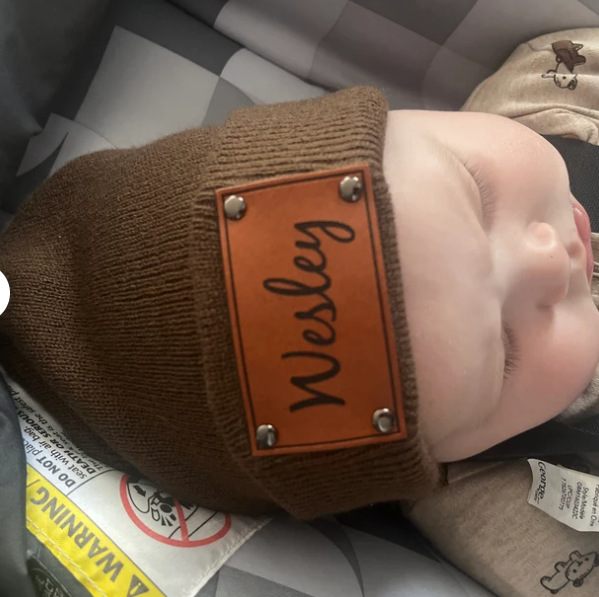 Children's adult blank leather label beanie cap fashion retro baby lettering knitted warm cap