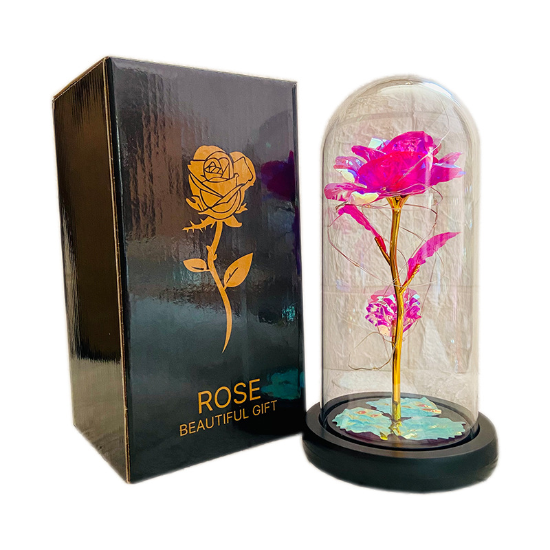 New gold foil rose flower plastic cover luminous Valentine's Day gift eternal flower glass cover LED lamp desktop ornaments