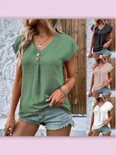 2024 весна и лето, женская одежда, новый топ из однотонного цвета, модная короткая рукава с пуговицей