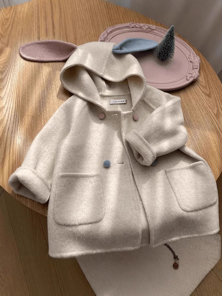 Girls' Woolen Coat fleece-lined Thickened 2024 Autumn and Winter New Cute Baby Girl Western Style South Korea Children's Woolen Coat