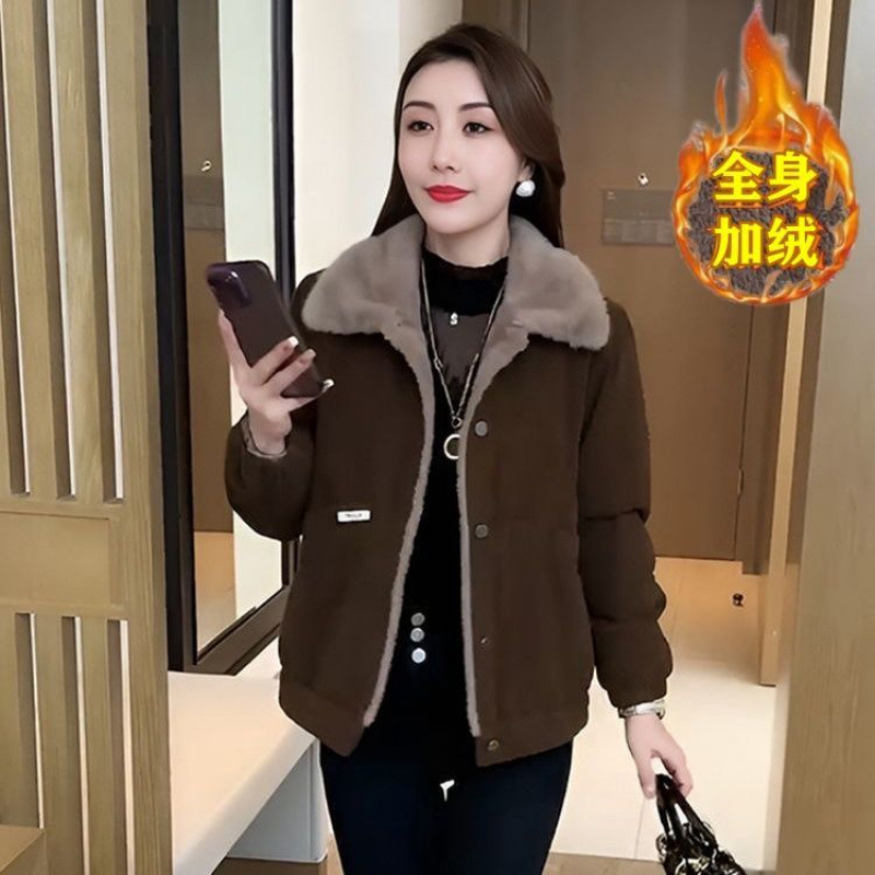 Corduroy Coat Women's Winter fleece-lined Warm Thickened All-match Fashionable Age-reducing Loose Slimming Belly Covering Mother's Dress