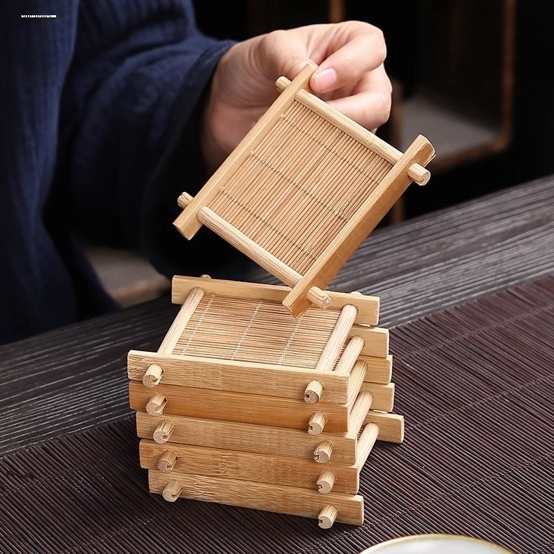 Tea Ceremony Accessories Bamboo Coaster Square Tic-Tac-Toe Tea Cup Holder Kung Fu Tea Set Bamboo Tea Tray Carbonized Tea Mat Insulation Pad