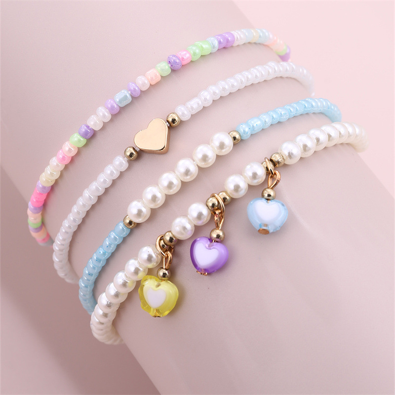 Spring New foot decoration simple cute colorful rice beads Pearl handmade beaded love pendant cross-border children's anklet