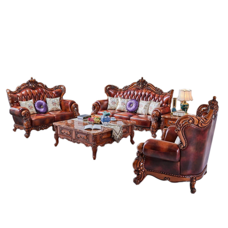 European Leather Sofa 123 Combination Living Room Solid Wood Carved Villa Large Apartment American Luxury Solid Wood Sofa