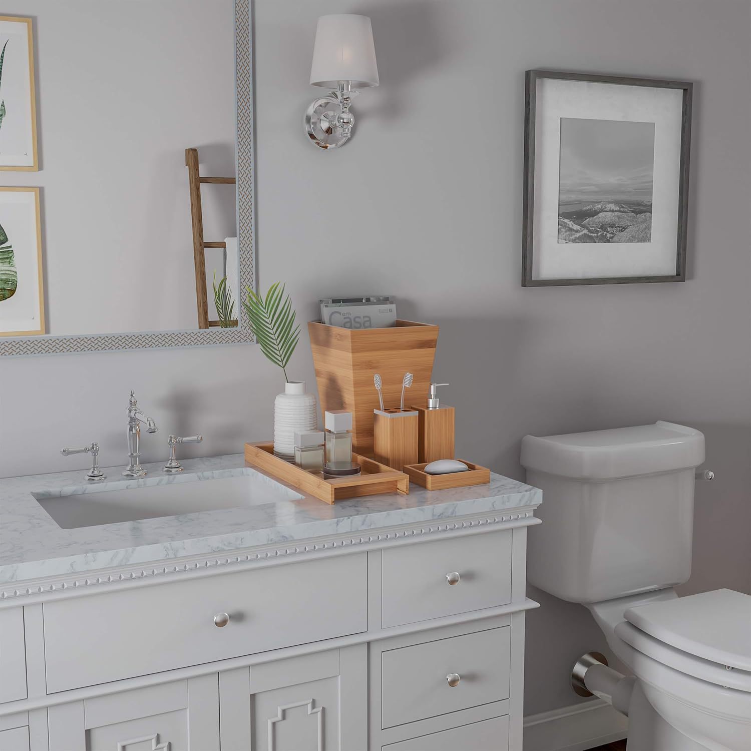 Bamboo Bathroom Toiletries Accessories 5Pcs Set Wooden Tray Lotion Dispenser Bamboo Wood Soap Dish Toothbrush Holder