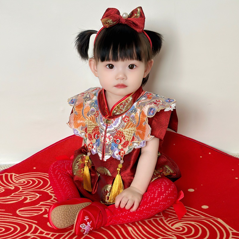 Summer Baby Tang Suit Year-old Dress Baby Girl's Chinese Style Crown Dress Year-old Birthday Banquet Dress Guofeng Cloud Shoulder Climbing Dress