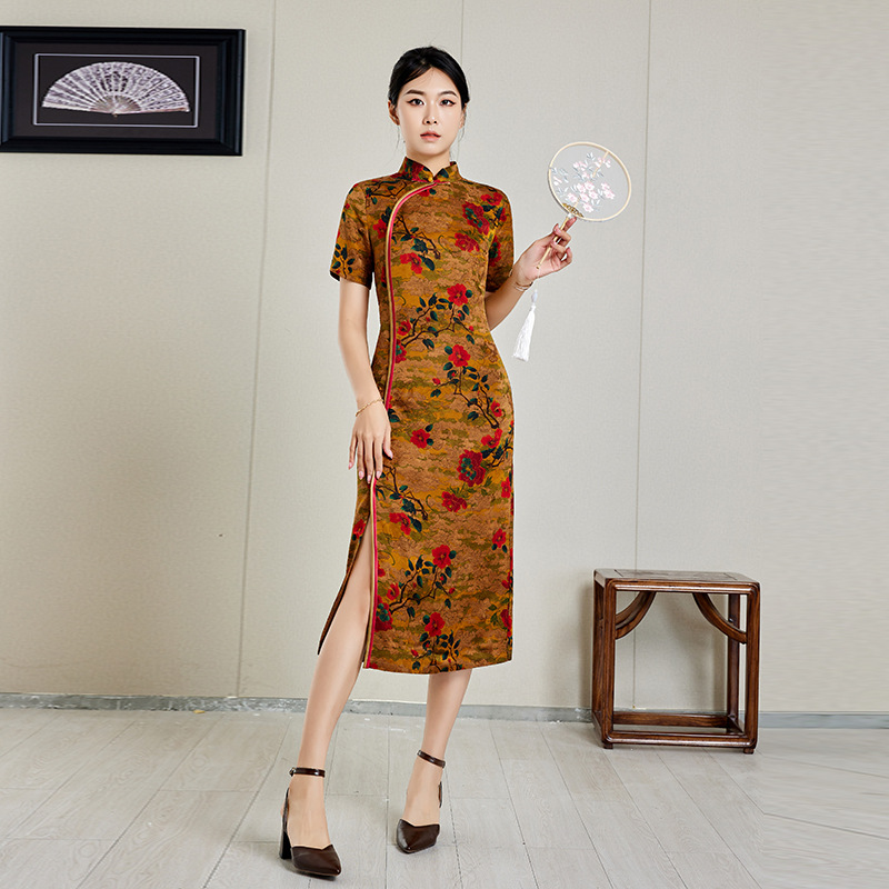 Printed Piping, Contrasting Colors, Retro Silks and Satins Cheongsam, Processing, Processing, Processing, Oem, Production and Processing, Customization