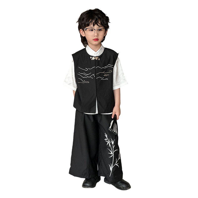 Boys' Hanfu suit 2024 Summer New Chinese Style National Style Vest Retro Casual Handsome Boy's Table Performance Clothing