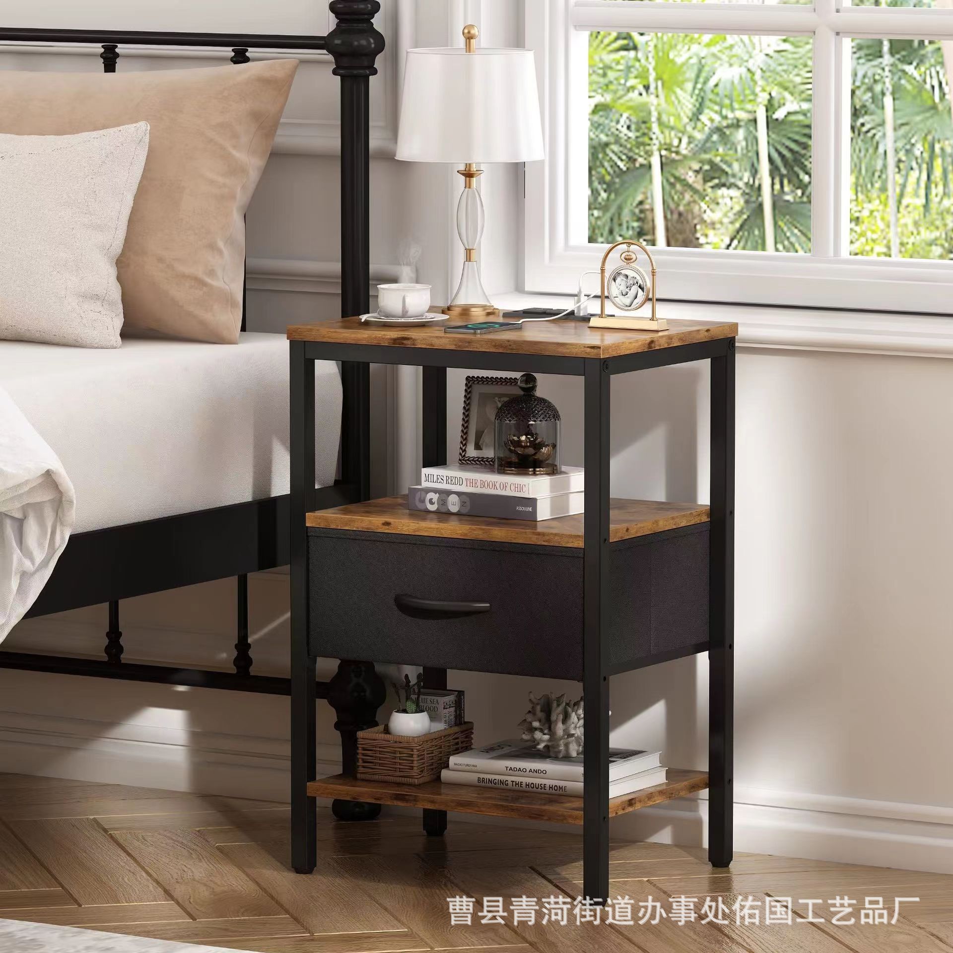 Комбинированный прикроватный столик из железа и дерева с ящиком, зарядное устройство, домашний прикроватный столик, шкаф для хранения в спальне