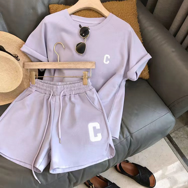 Amazon Korean Style Women's Summer Set Loose Short-sleeved T-shirt Casual Shorts Sports Print Letters Casual Two-piece Set