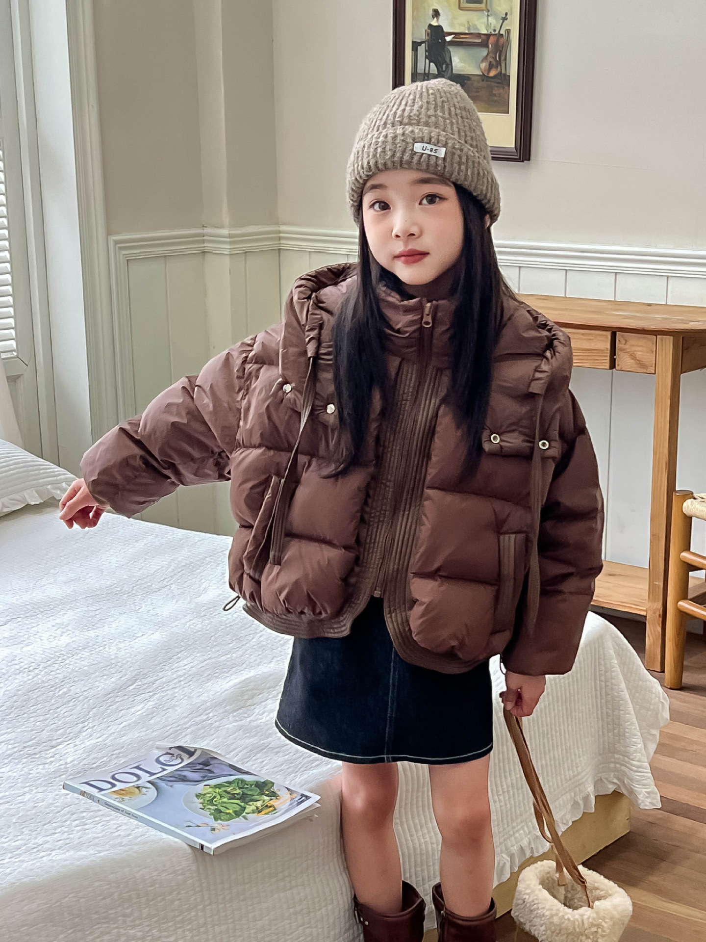 Yishanlian Children's Mid-To-Large Children's down Velvet Jacket for Autumn and Winter, Boys' and Girls' Hooded Short Thickened Warm Coat