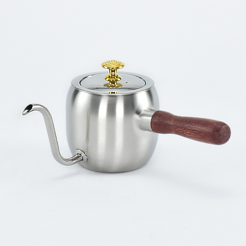 Cross-border supply of 304 stainless steel wood grain hand-made pot novel wood grain handle ear-hung long mouth with leaking hand-made coffee pot