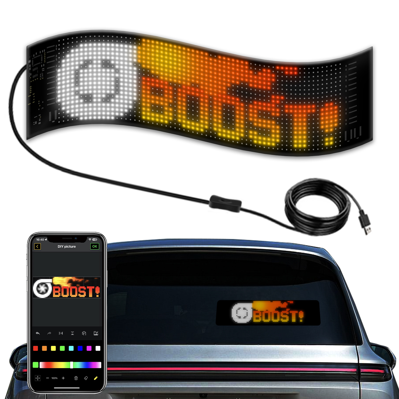 LED flexible display APP Bluetooth car advertising screen full color Smart car stickers ip65 Waterproof soft screen display