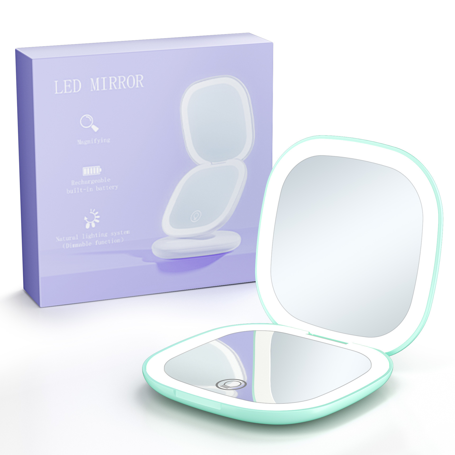 Cross-Border LED double-sided makeup mirror mini folding portable Beauty Mirror 5 times three-color light adjustable handheld makeup mirror