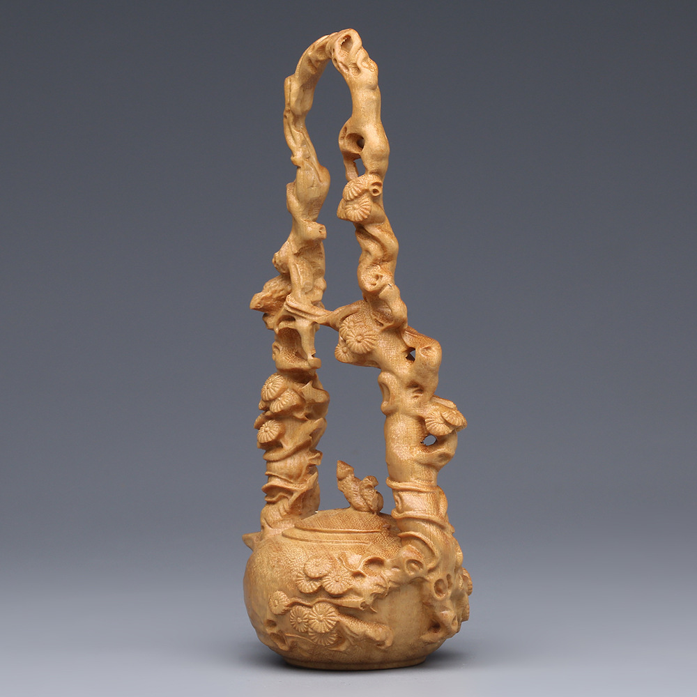 Chinese-Style Decorative Piece with Carved Cypress Wood, Dongpo Teapot Stand, Solid Wood Display Rack for Teapots, Home Living Room Decoration