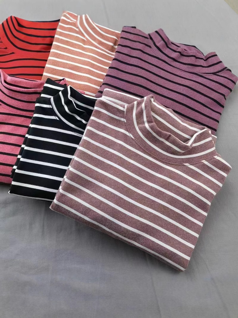 Spring and Autumn High Elastic Comfortable Base Warm Top Autumn Clothes Women's De Velvet Autumn Clothes Double-sided Sanding Striped Long-sleeved Stall