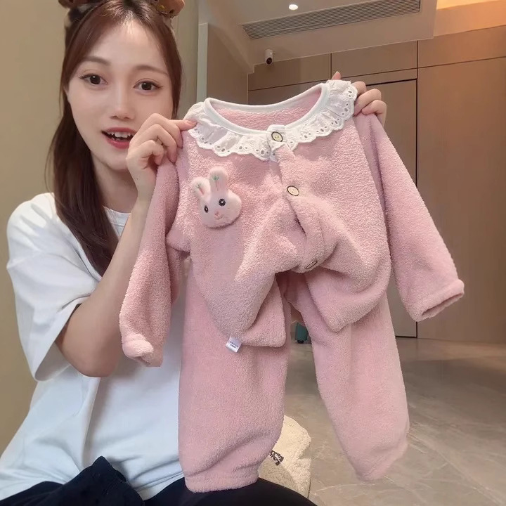 [Warm Sun Winter] Lace Home Clothes Children's Autumn and Winter Home Suit Girls Lace Round Neck Casual Two Pieces