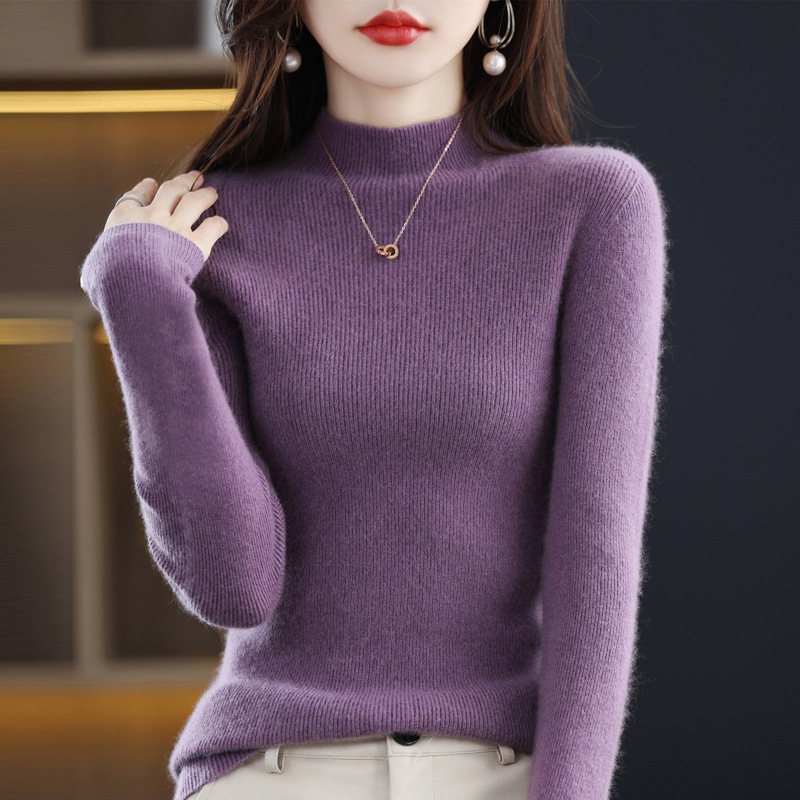 Women's half-turtleneck pure wool bottoming shirt, slim fit sweater, long-sleeved sweater, autumn and winter