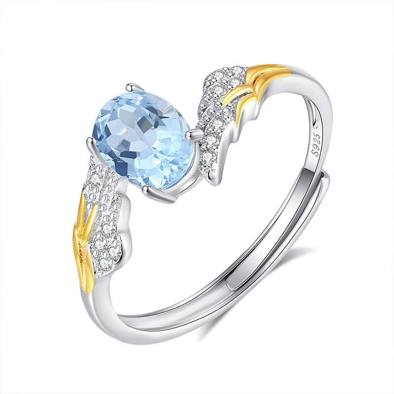 S925 Sterling Silver Ring Women's Natural Crystal Stone Angel Wings Hand Jewelry Niche High-End Non-Fading Open Ring