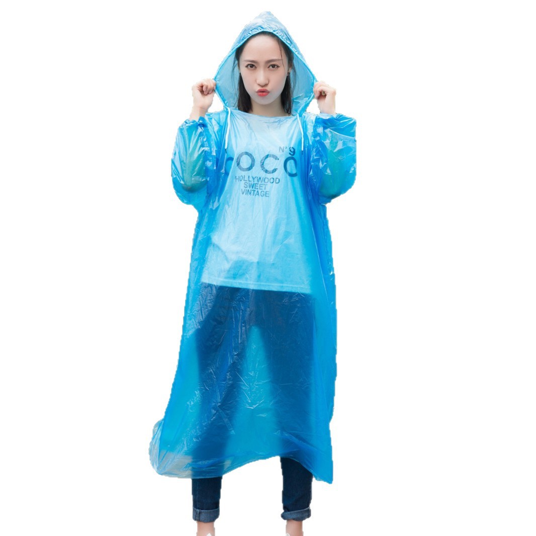 Disposable Raincoat 60g Wholesale in Stock Raincoat Manufacturer Thickened 3-Thread Hood with Cuffs Elastic Band Hood Rope Pe Raincoat