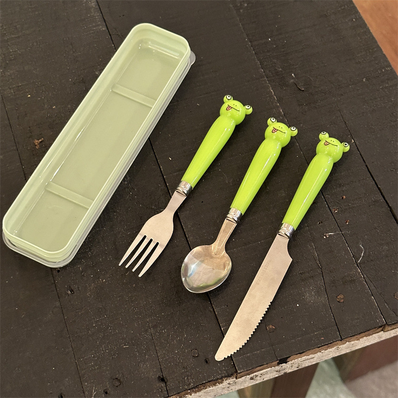 Creative Stainless Steel Portable Tableware Cartoon Imitation Ceramic Handle Stainless Steel Knife, Fork and Spoon Three-Piece Set Student Gift