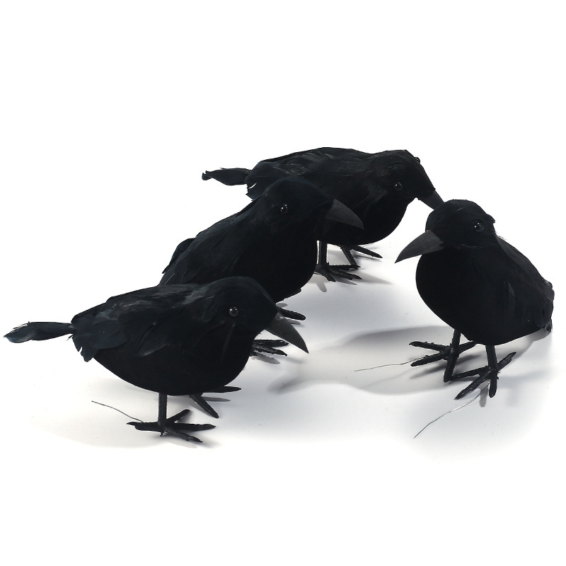Simulated Black Crow Feather Animal Halloween Props Flocked Crow Ghost Festival Ornaments Horror Decorative Props