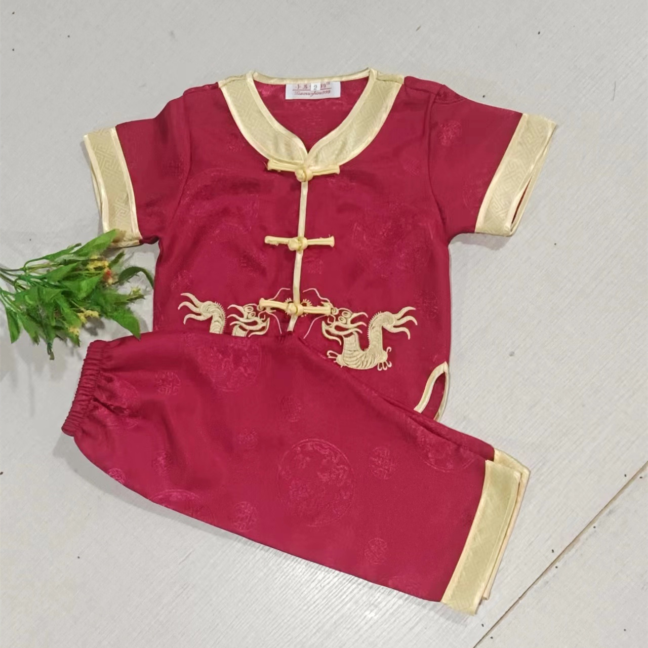 Embroidered Dragon Children's Tang Suit Boys' Satin Short-sleeved Trousers Ethnic Costume Performance Suit Foreign Trade New Year Dress