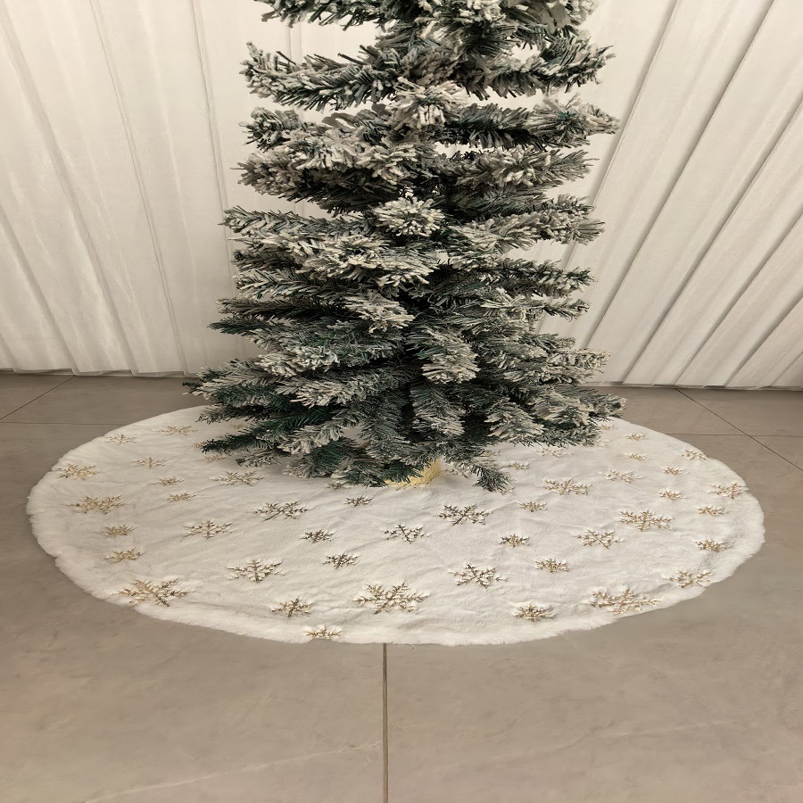 Christmas Tree Skirt Decorations. Rabbit Plush Embroidered Sequin Snowflake Tree Skirt. Golden Silver Snowflake Christmas Tree Skirt