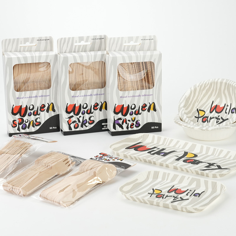 Cross-Border Disposable Paper Plate Tableware Set Wooden Knife, Fork and Spoon Set Paper Plate Paper Bowl Zebra Pattern Tableware Complete Set
