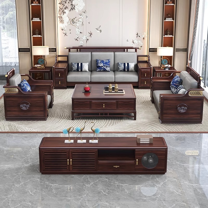 Black Gold Solid Wood Sofa New Chinese Style Home Living Room Imperial Concubine Sofa Winter and Summer Dual-Use Large Apartment Villa Sofa