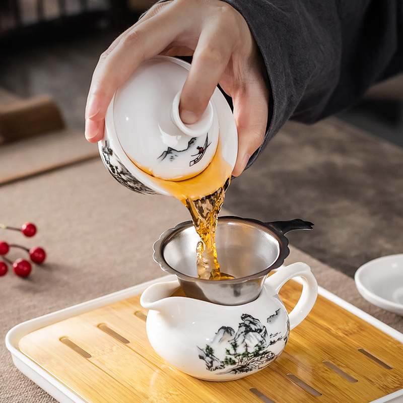 Household Kung Fu Tea Set suit One Cover Bowl Three Cups Simple Tea-making Meeting Ceramics Tea Cup Dry-making Tea Tray