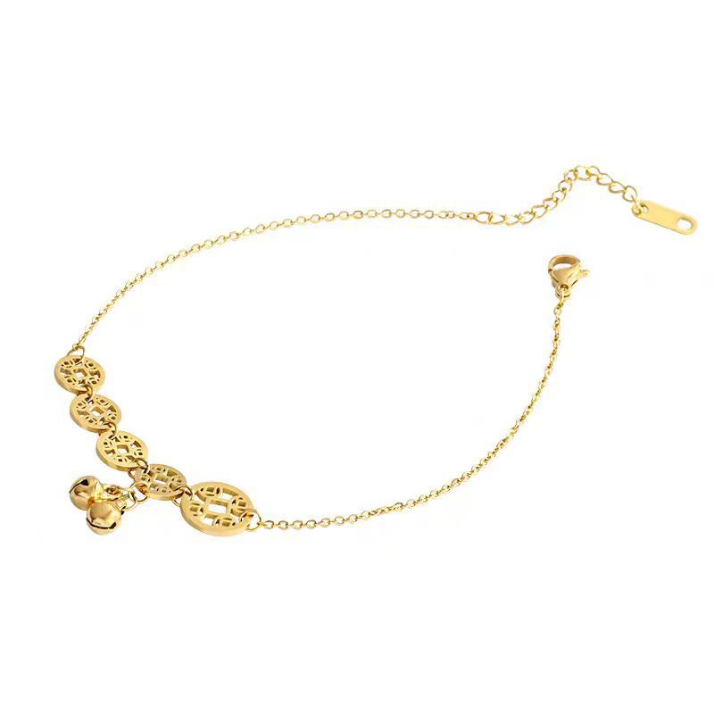 Fashion Bell Copper Coin Anklet Women's Money Chain Elegant Distinctive Tassel Color Gold Ankle Jewelry Anti-fading