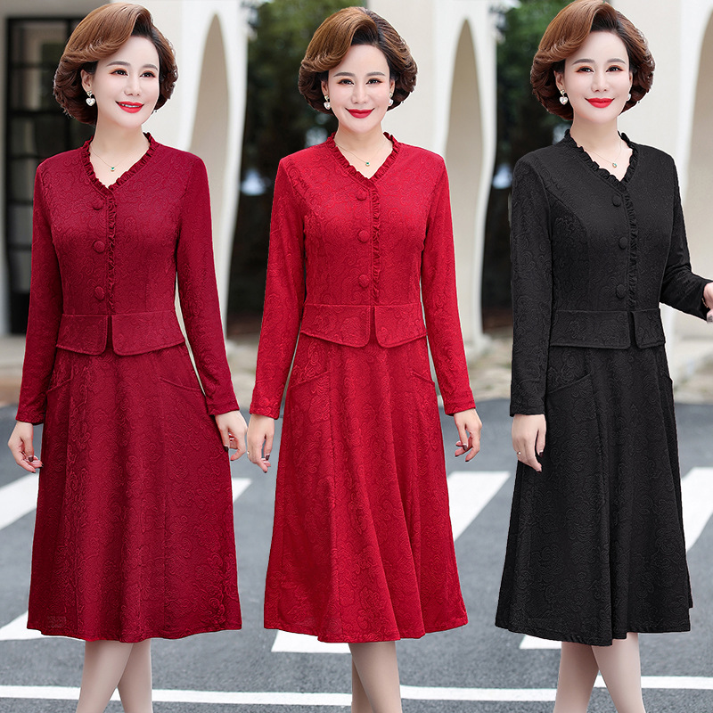 Mom fashion stitching dress mid-length middle-aged and elderly women's clothing plus size long sleeve spring new fake two-piece dress