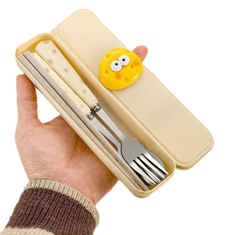 [Cheese Tableware Three-Piece Set] Light Luxury Spoon, Fork, Chopsticks, Tableware Set, Portable Storage Box for Students and Kidsren