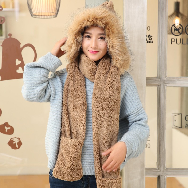 Korean style scarf hat gloves one-piece padded plush one-piece imitation fox fur hooded winter warm three-piece set