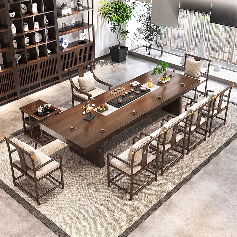 Solid Wood Tea Table for Home Living Room Shop Reception Tea Table and Chair Combination New Chinese Zen Office Large Tea Table