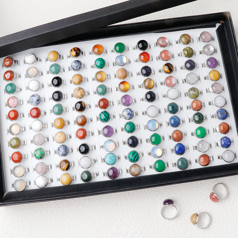 15mm Natural Crystal Agate Stone Inlaid Ring Gemstone Stainless Steel Ring Setting Amethyst Rose Quartz Aventurine