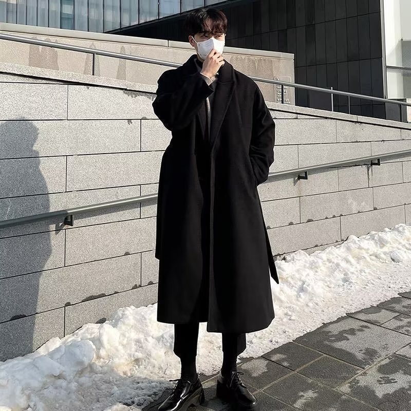 Korean Versatile Mid-length Windbreaker Men's Spring and Autumn Knee-length British Windwool Coat Loose Trendy Coat