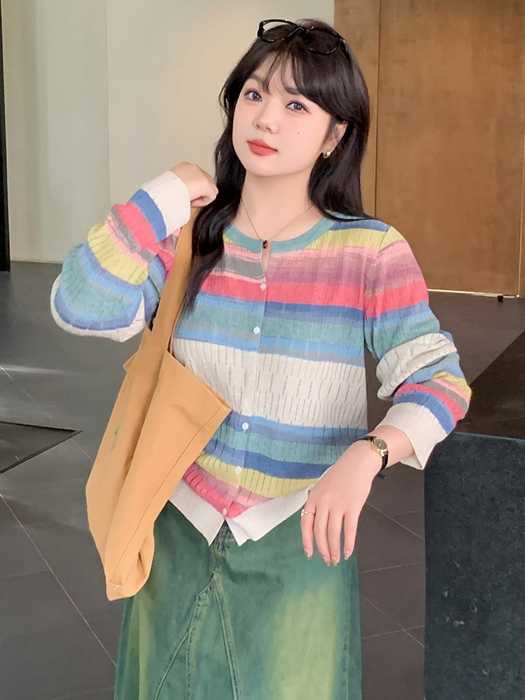 Длинный свитер с круглым вырезом для полных женщин 2025 осень свободный вязаный кардиган 2283