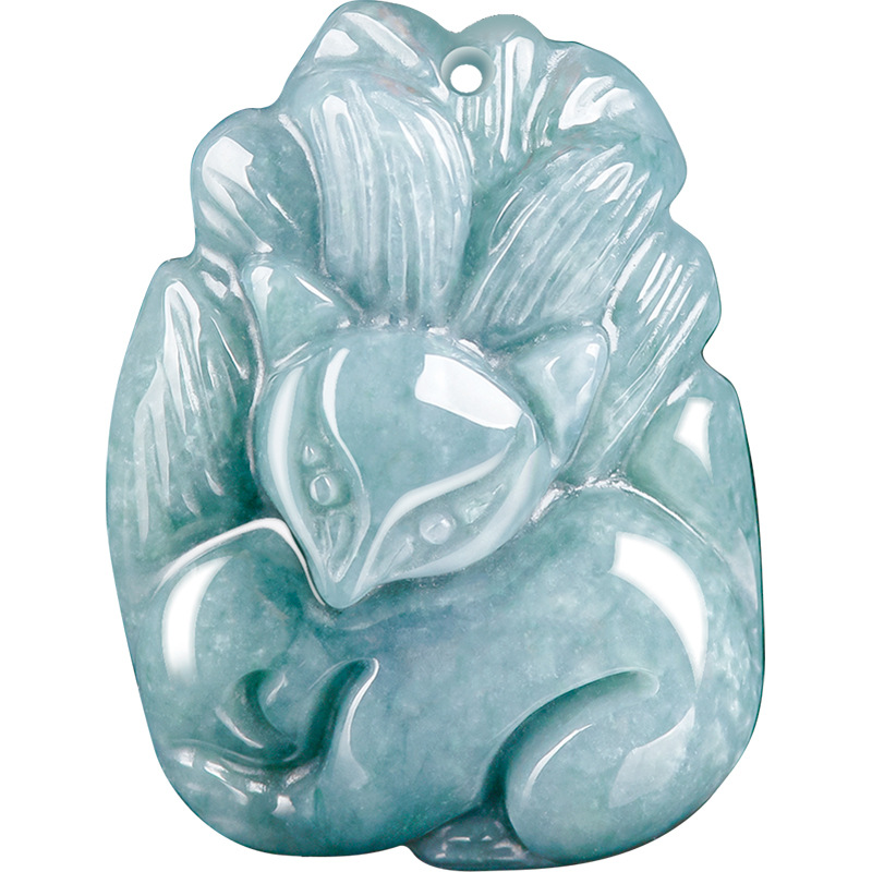 genuine goods natural A goods jade blue water fox nine tail fox glutinous jade pendant pendant high-grade men's and women's wholesale